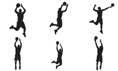 Dynamic basketball player silhouettes capturing mid air jumps and shots silhouette