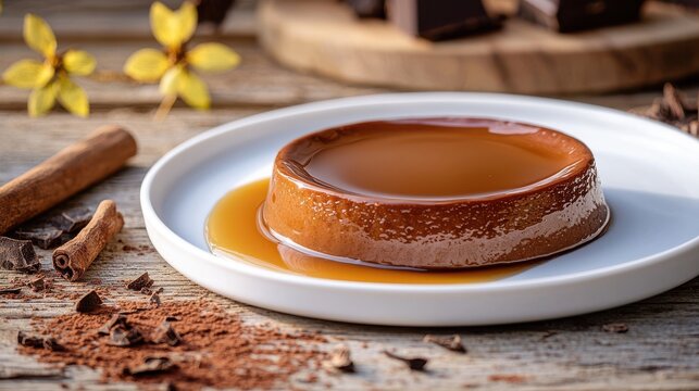 Artisanal chocolate flan dessert with golden caramel sauce on white plate, cinnamon sticks and cocoa powder garnish, premium Mexican restaurant presentation