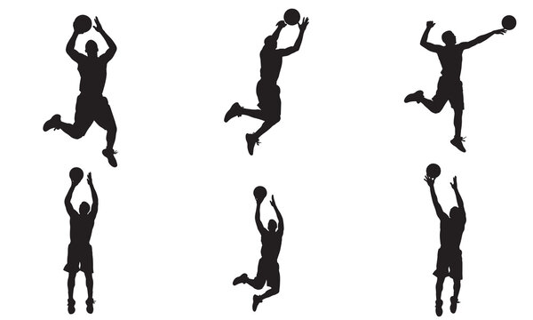 Dynamic basketball player silhouettes capturing mid air jumps and shots silhouette