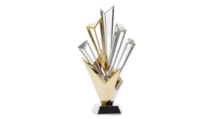 Modern gold and clear crystal trophy award, symbolizing success and achievement, isolated on transparent background