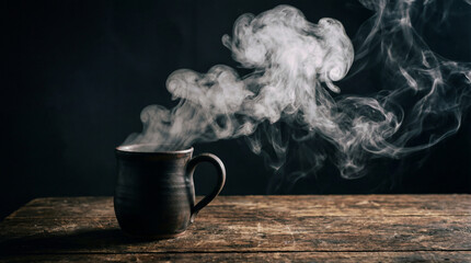 Steaming Coffee Mug on Wooden Table with Dramatic Smoke against Dark Background