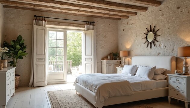 Rustic french country bedroom offers cozy retreat. White bedding on bed, rustic wood beams on ceiling, stone walls add charm. Balcony doors open to green nature view. - Powered by Adobe