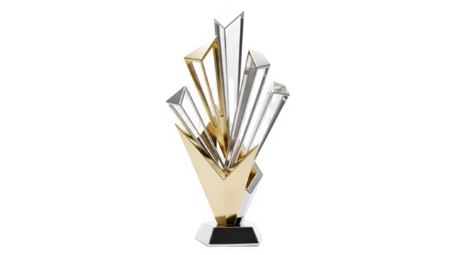 Modern gold and clear crystal trophy award, symbolizing success and achievement, isolated on transparent background