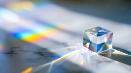 Obraz premium diffraction. Glass prism creating rainbow light refraction on a sleek marble surface. STEM education sheets, lab safety posters, designed for biotech research communications, used by radiologists. 