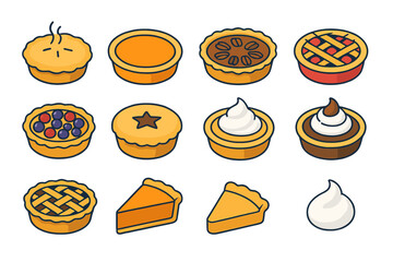 Colorful Pie Icons. Pie Varieties flat icons set. apple pie, pumpkin pie, pecan pie, cherry pie, berry tart, mince pie, lemon meringue, chocolate pie, lattice top, slice, crust