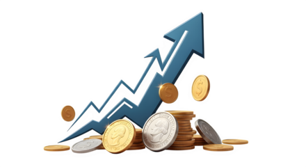 Upward trending blue arrow with gold and silver coins symbolizing financial success, isolated on transparent background