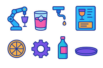 Modern Drink Mixing Icons. Automated Drink Mixing flat icon set: robot hand, glass, dispenser nozzle, recipe screen, lemon slice, gear, bottle, tray