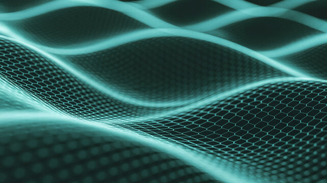 Dynamic abstract geometric network flowing with vibrant teal light creating a futuristic digital wave pattern for technology innovation concepts