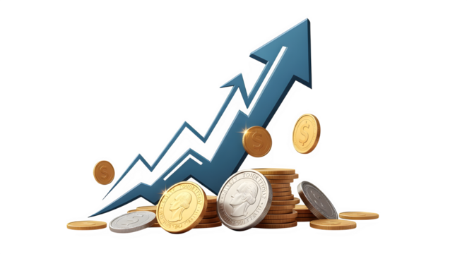 Upward trending blue arrow with gold and silver coins symbolizing financial success, isolated on transparent background