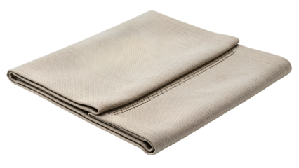 Folded beige linen napkin with textured fabric and subtle highlights, isolated on black