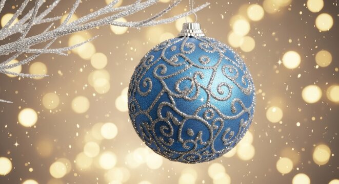 An elegant blue Christmas ornament decorated with a silver glitter filigree pattern hangs from a sparkling branch amid magical falling snow and warm glowing lights