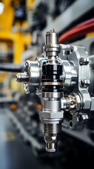 Closeup of shiny metallic industrial machinery component, showcasing precision engineering and manufacturing detail.