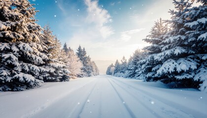 Winter wonderland snow-covered trees on a serene road mountain landscape nature photography tranquil environment wide viewpoint scenic concept for travel enthusiasts
