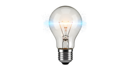 Brightly lit incandescent light bulb with a glowing filament and blue energy aura, isolated on transparent background