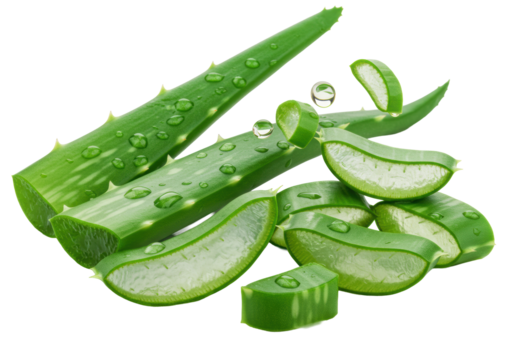 Vibrant green aloe vera leaves, slice, and chunks with water droplets, artfully arranged on a transparent background with golden essence drops, macro photography concept of natural health and pure