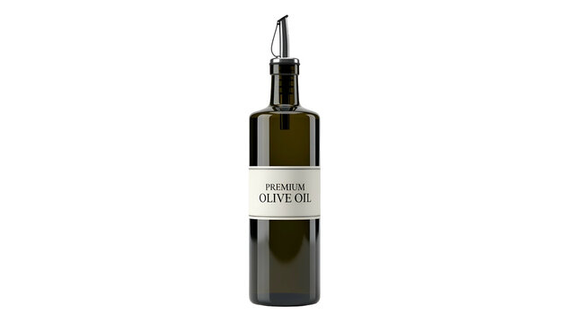 Tall glass bottle, label reads "Premium Olive Oil", with pour spout, on black background