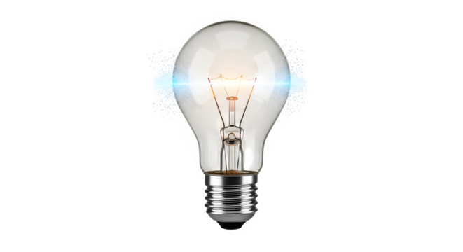 Brightly lit incandescent light bulb with a glowing filament and blue energy aura, isolated on transparent background