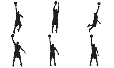 Dynamic basketball player silhouettes in mid air action poses for sports graphics silhouette
