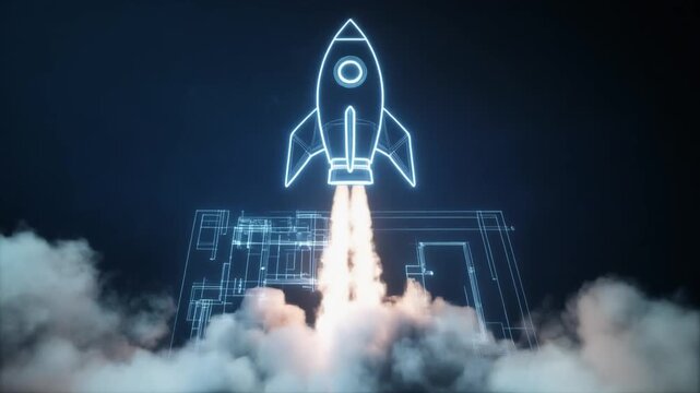 Dynamic rocket blueprint animation overlayed with architectural plans in glowing neon for innovative tech projects
