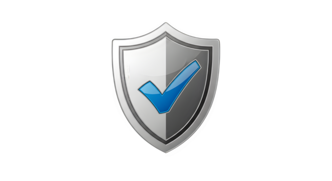 Security shield with blue checkmark, representing protection and verification, isolated on transparent background