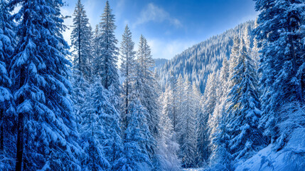 Snow-covered pine trees in a mountainous winter forest landscape under a clear blue sky with sunlight illuminating the snowy scenery in the valley