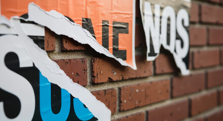 Ripped posters on a cracked brick wall creating an urban aesthetic  