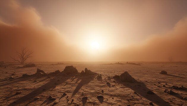 Barren landscape at dusk featuring cracked ground and a distant sun. Ideal for nature-themed backgrounds or art projects. - Powered by Adobe