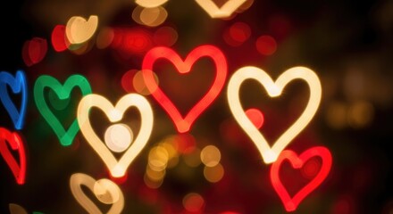Heart shaped bokeh lights in red green and yellow image