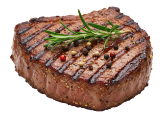 A thick, perfectly grilled beef steak with a caramelized crust, dark char marks, and fresh rosemary sprigs, isolated on a white background with copy space for gourmet dining concept