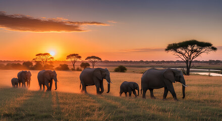 Fototapeta premium Witness elephants roam wild serengeti grasslands at sunset for conservation campaigns