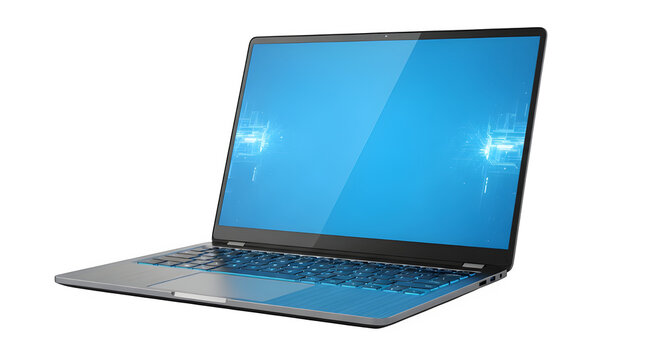 Modern laptop with a blank blue screen, perfect for technology and business concepts, isolated on transparent background