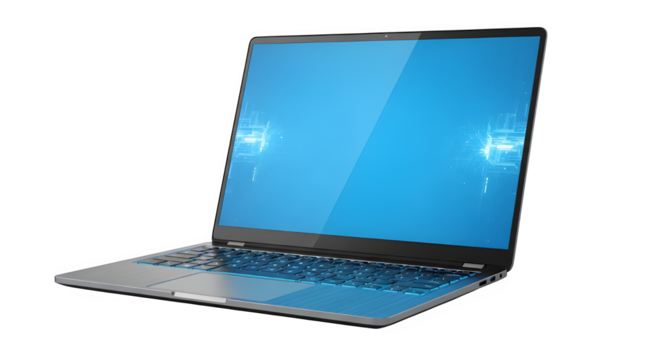 Modern laptop with a blank blue screen, perfect for technology and business concepts, isolated on transparent background
