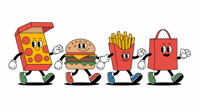 Playful cartoon pizza, burger, fries, and shopping bag characters marching happily together, evoking fun and fast food joy