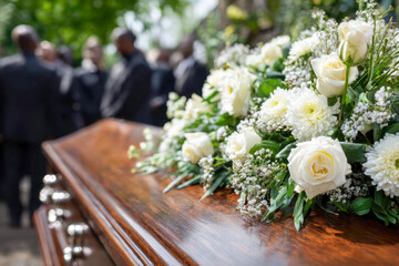 Elegant white floral arrangement with roses and chrysanthemums resting on polished wooden coffin during outdoor funeral ceremony with blurred mourners in background