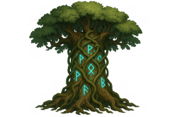 Fantasy yggdrasil tree with glowing norse runes forming magical symbols, transparent background