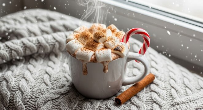 Hot chocolate with marshmallows and candy cane in winter - Powered by Adobe