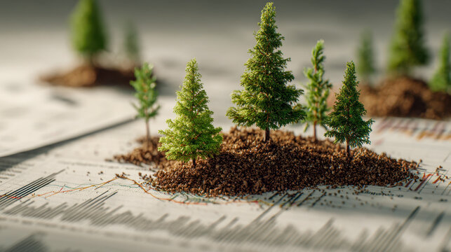 Small evergreen trees planted on mounds of soil placed over financial data charts illustrating growth and sustainability concepts in business and environment