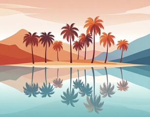 Obraz premium Surreal Palm Grove Reflects in Calm Lake Amid Violent Orange Mountains