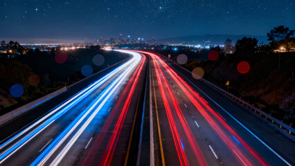 Long exposure of a highway at night, featuring dynamic light trails and a stunning city skyline for nighttime photography.
