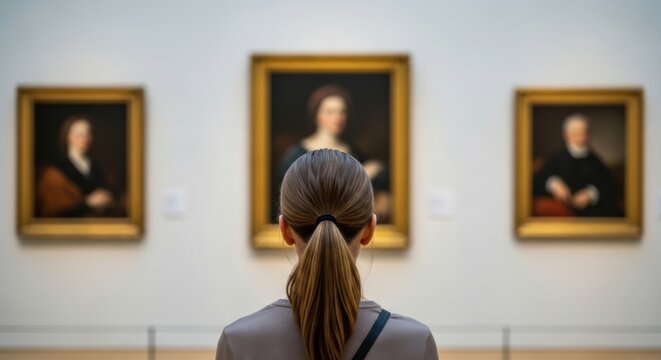 From a rear view perspective, a young woman with her hair in a ponytail stands thoughtfully contemplating classical portraits in ornate golden frames inside a quiet art museum