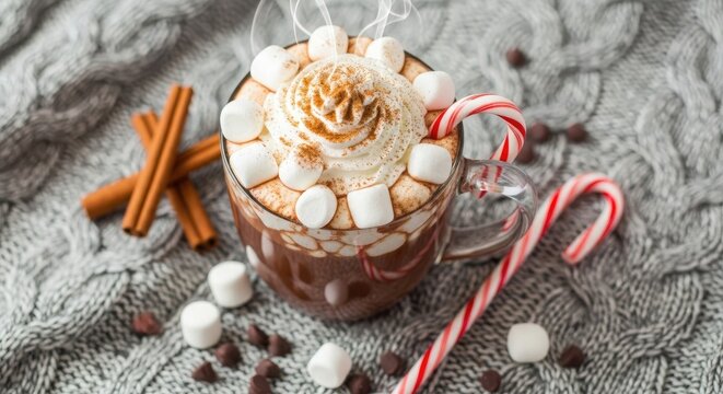 Hot chocolate with whipped cream marshmallows and candy canes