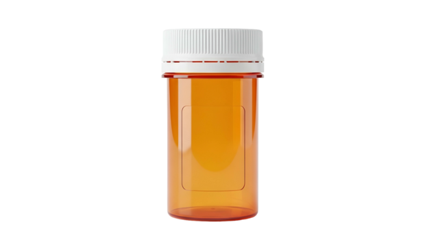 A clear orange prescription bottle with a white lid against a dark background