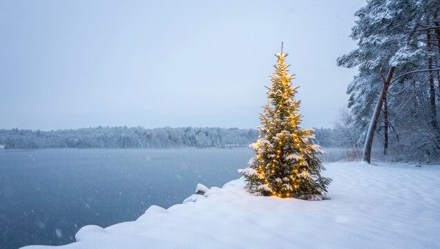 Illuminated Christmas tree on snowy lake shore during snowfall