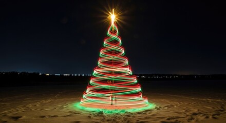 Light painted Christmas tree with red green and white lights