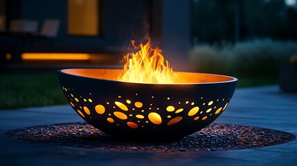 Modern decorative fire pit with vibrant flames illuminating a contemporary patio at dusk, creating a cozy evening ambiance.