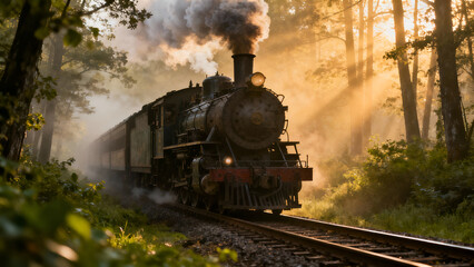 Classic steam train chugging through a sunlit forest, ideal for nature-themed designs or travel brochures highlighting scenic routes.