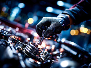 Mechanic performing maintenance on a motorcycle engine at night with focused precision