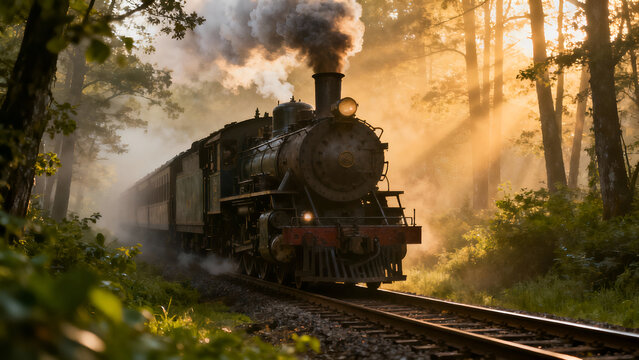 Classic steam train chugging through a sunlit forest, ideal for nature-themed designs or travel brochures highlighting scenic routes.