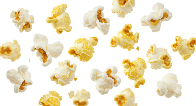Fluffy, perfectly popped popcorn with crisp white exteriors and golden-yellow caramelized centers, captured mid-air on a transparent background with copy space, concept for snack advertising