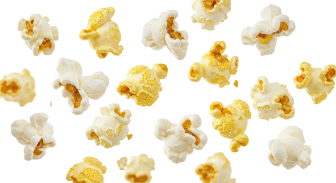 Fluffy, perfectly popped popcorn with crisp white exteriors and golden-yellow caramelized centers, captured mid-air on a transparent background with copy space, concept for snack advertising